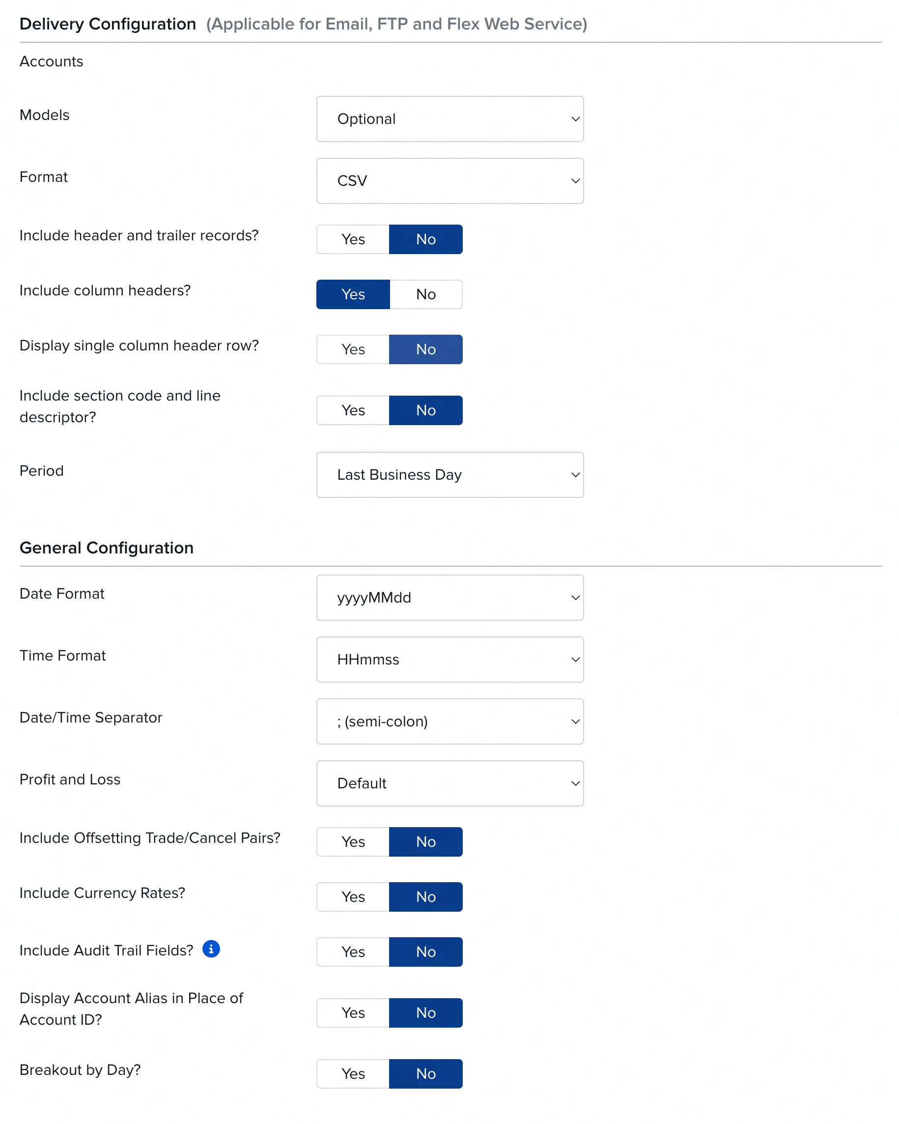 Configuración de entrega y configuración general de la Flex Query con los valores recomendados para OpenRenta