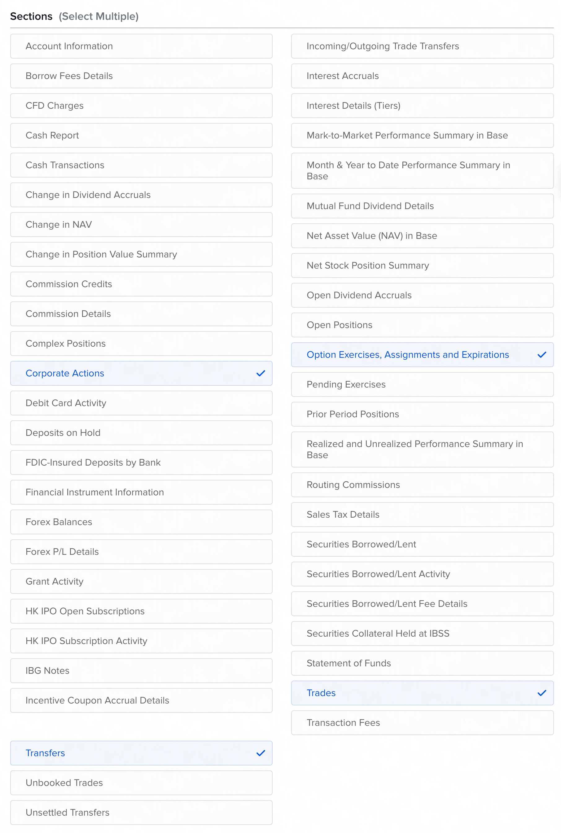 Listado de secciones de la Flex Query con Trades, Cash Transactions, Corporate Actions, Transfers y Options EAE activadas