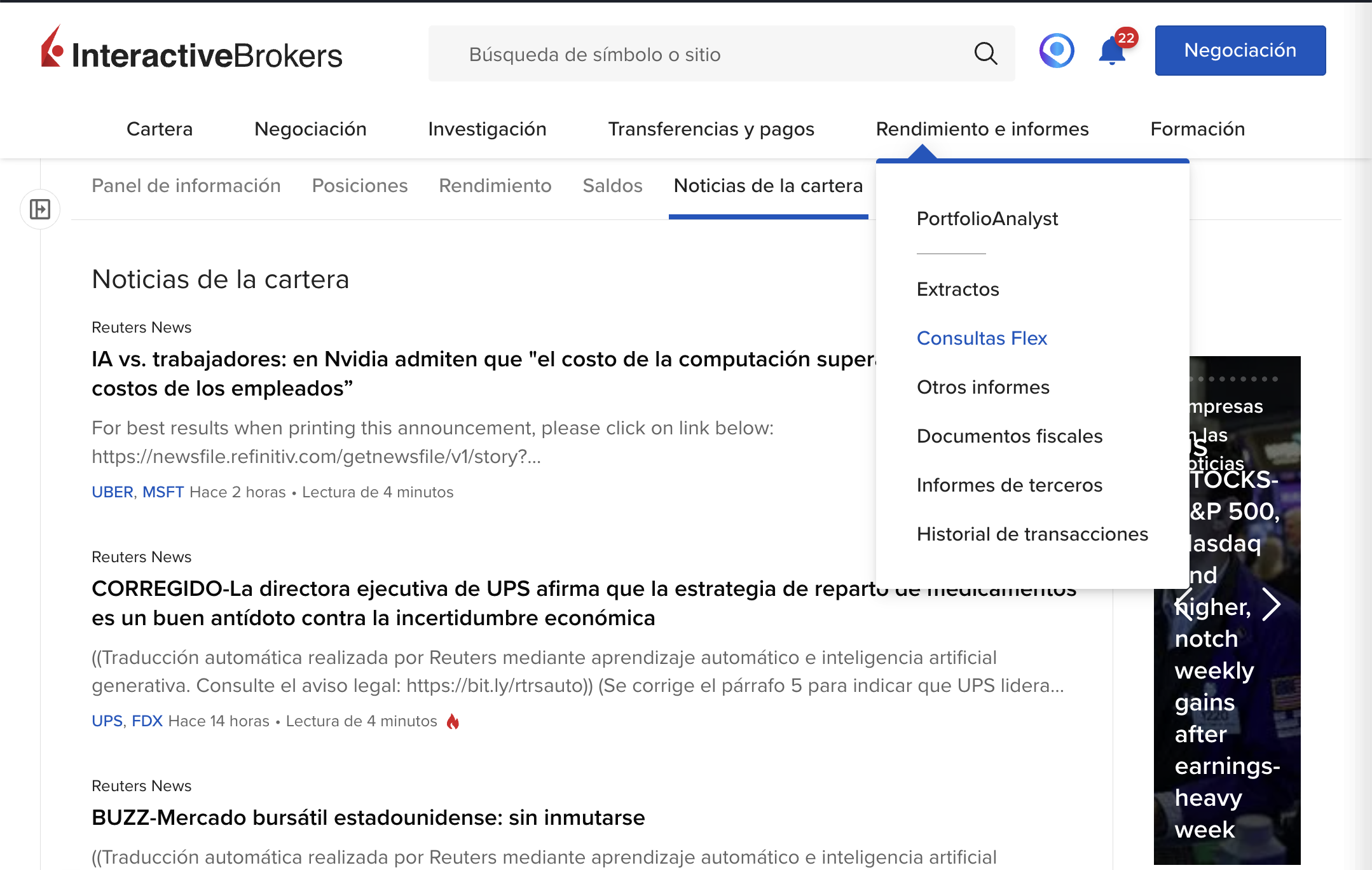 Menú de navegación del Client Portal de IBKR con la opción Performance and Reports seleccionada
