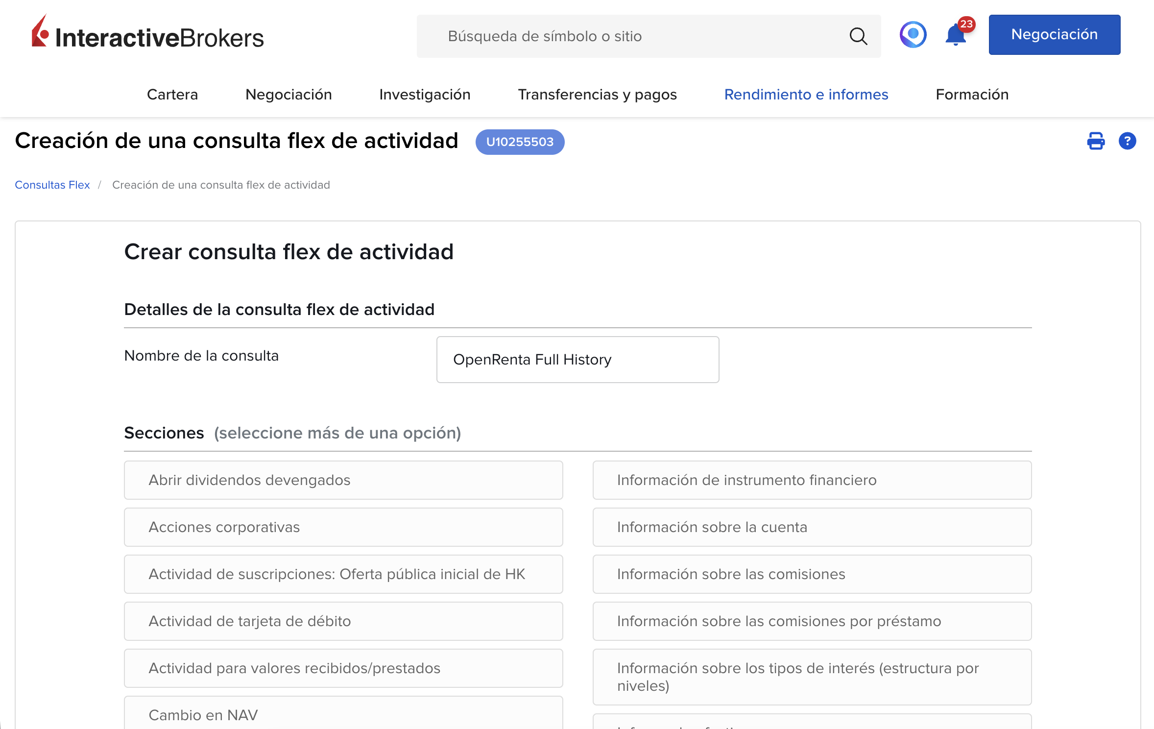 Formulario de creación de la Flex Query con el campo de nombre rellenado