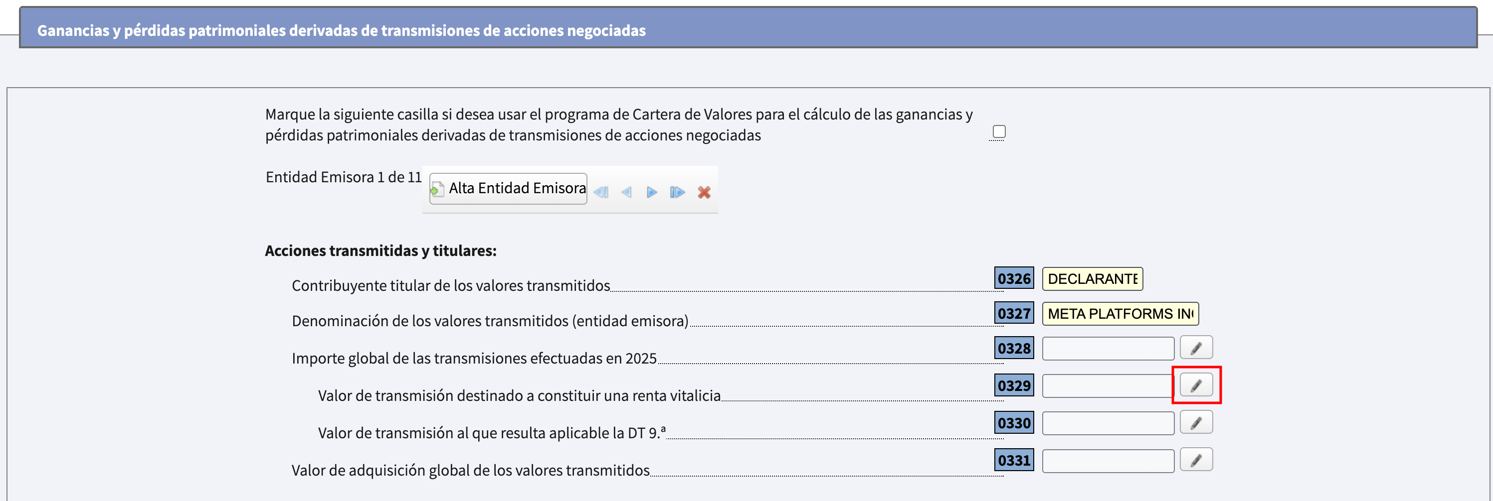 Apartado F2 de Renta WEB con la entidad emisora por defecto, el lápiz para editarla y el botón Alta entidad emisora