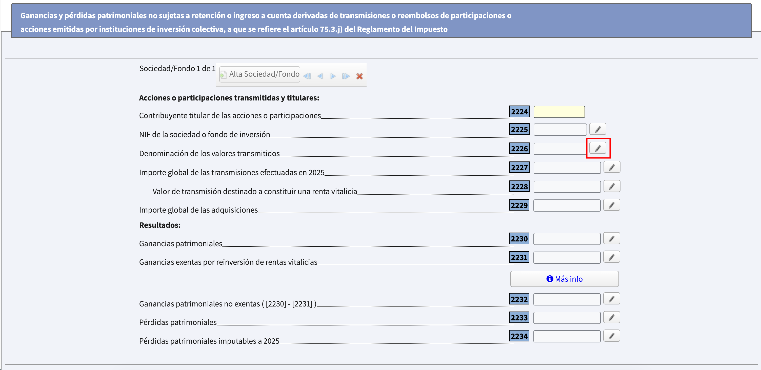 Apartado de ETFs en Renta WEB con la entidad por defecto, el lápiz de la casilla 2226 y el botón Alta entidad emisora