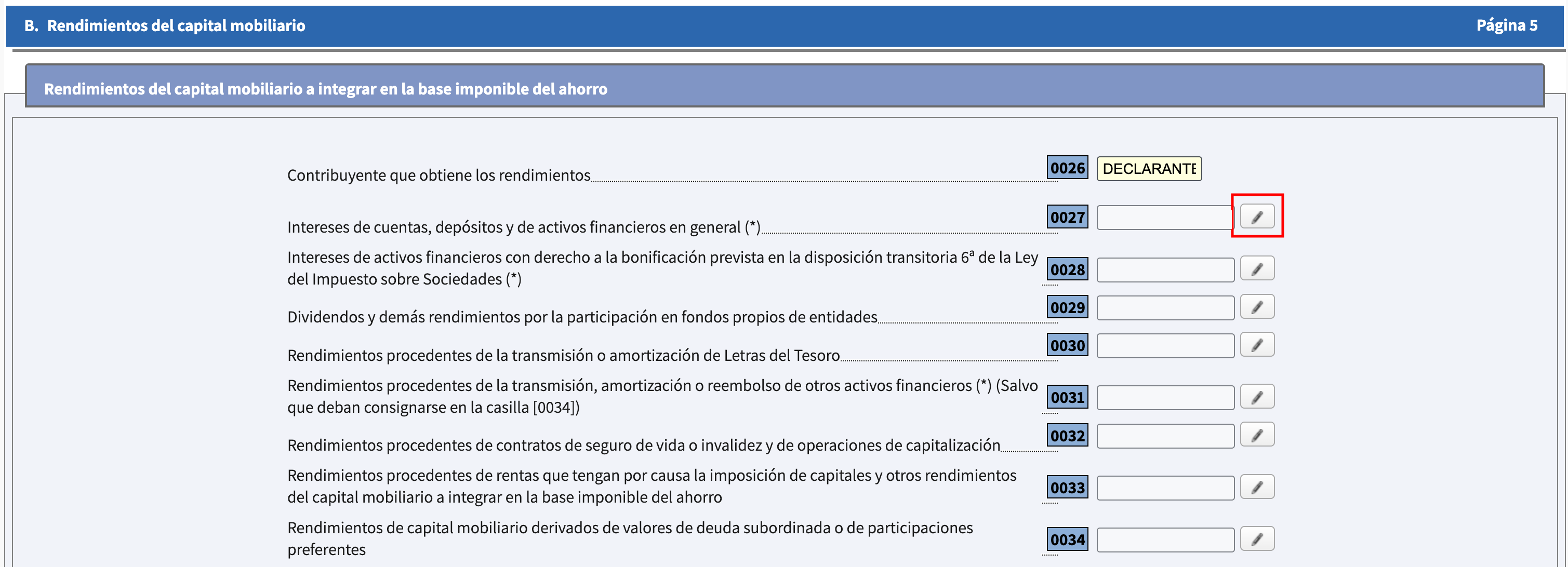 Apartado B de Renta WEB con la casilla 0027 y el lápiz para abrir el detalle de intereses