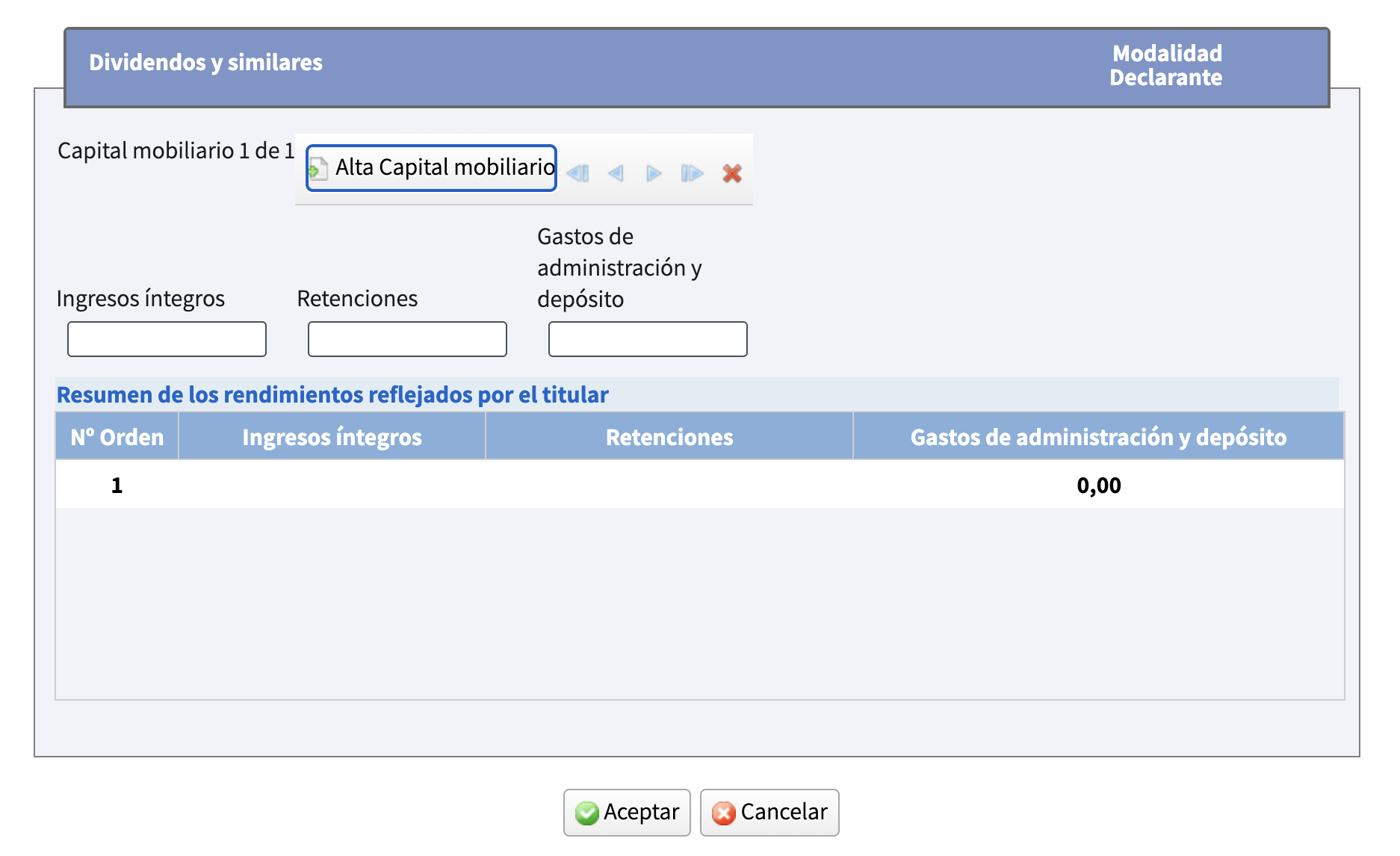 Detalle de la casilla 0029 con campos de ingresos íntegros, retenciones y gastos de administración