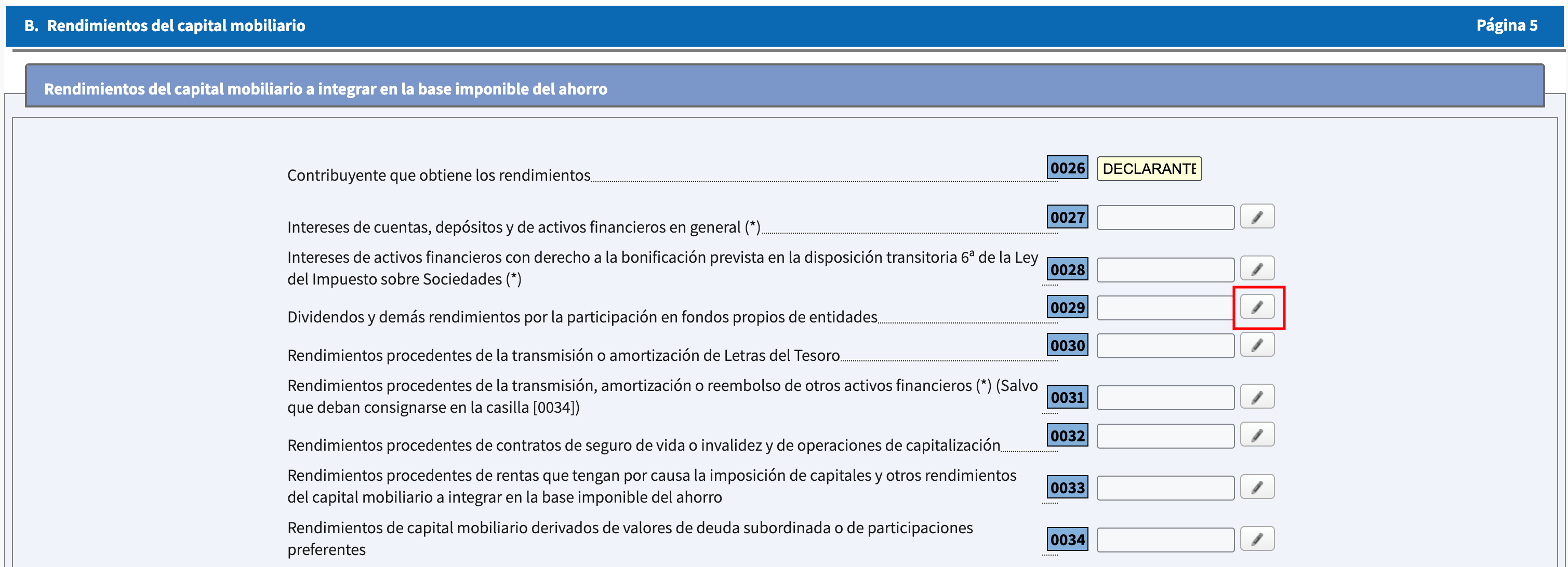 Apartado B de Renta WEB con la casilla 0029 y el lápiz para abrir el detalle de dividendos