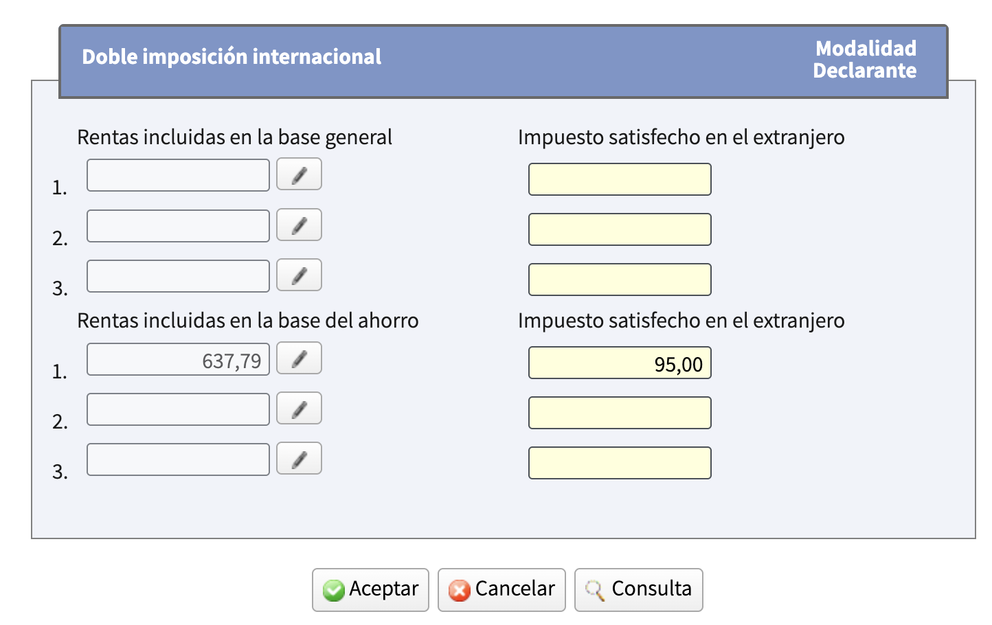 Detalle de la casilla 0588 con bloques de rentas en base general y base del ahorro, cada uno con renta extranjera e impuesto satisfecho
