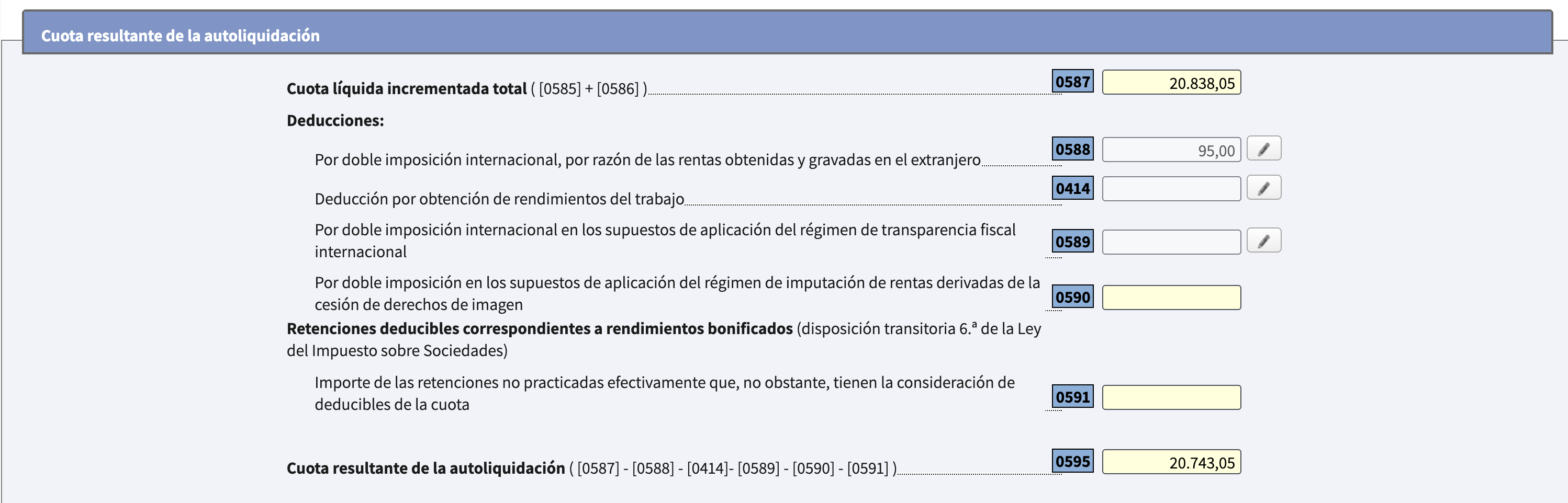 Apartado M de Renta WEB con la casilla 0588 y el lápiz para abrir el detalle de doble imposición internacional