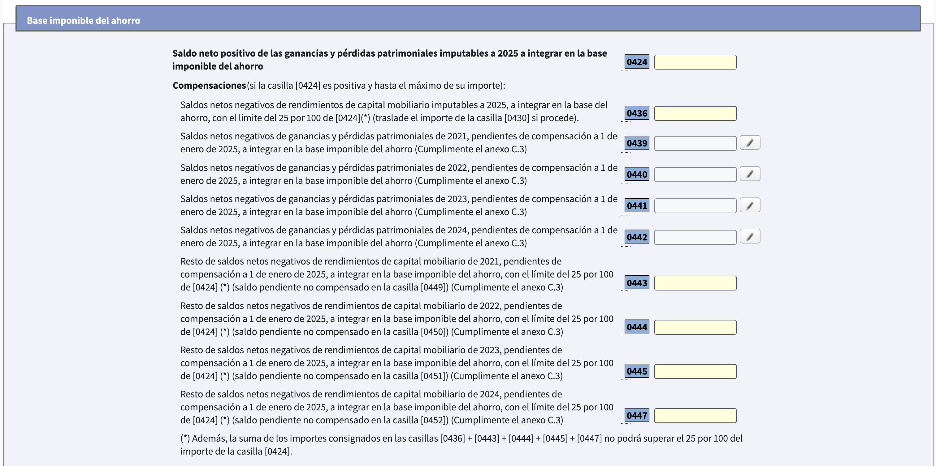 Apartado G de Renta WEB con el bloque de saldos netos negativos pendientes de compensar