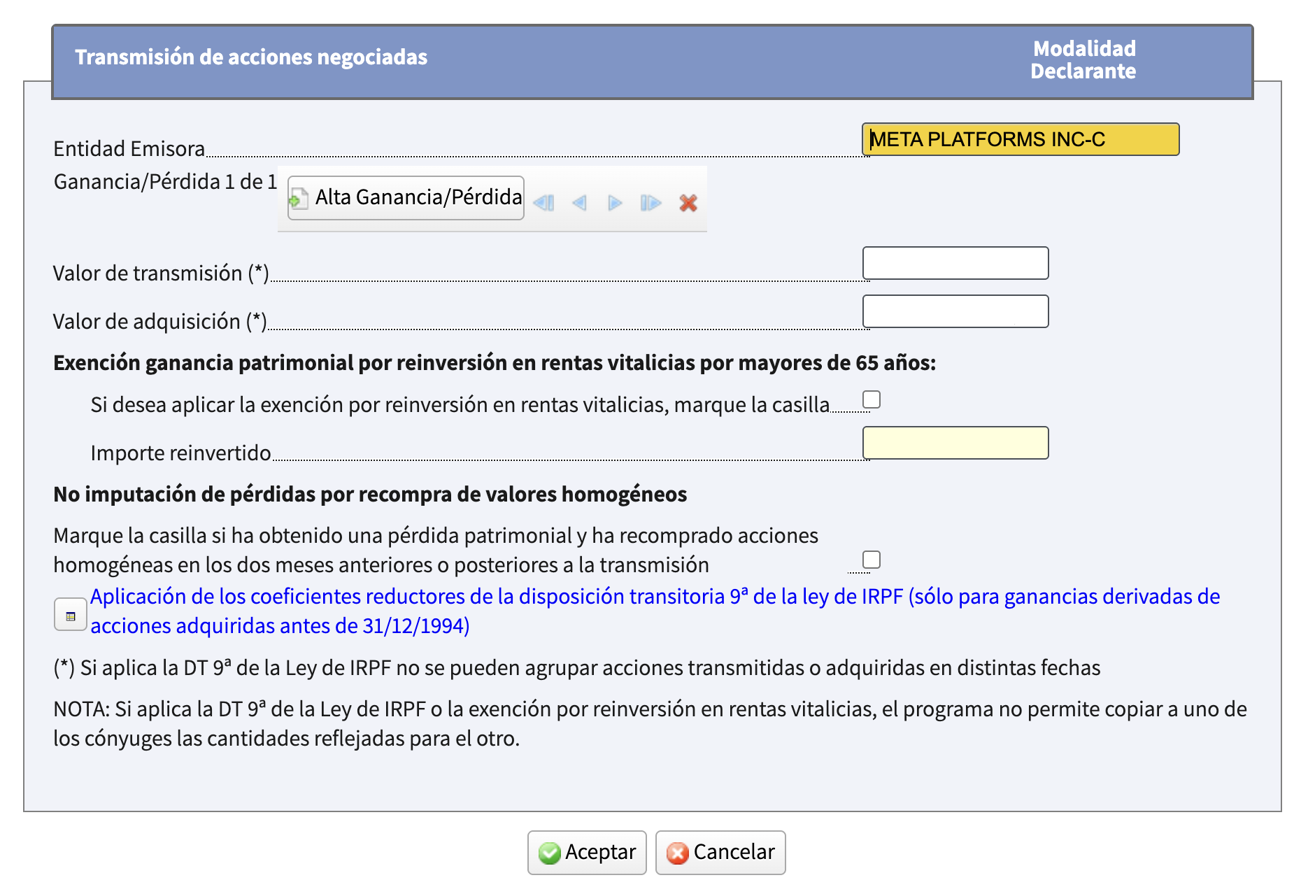 Formulario de la entidad emisora con campos de valor de adquisición, valor de transmisión y casilla de recompra