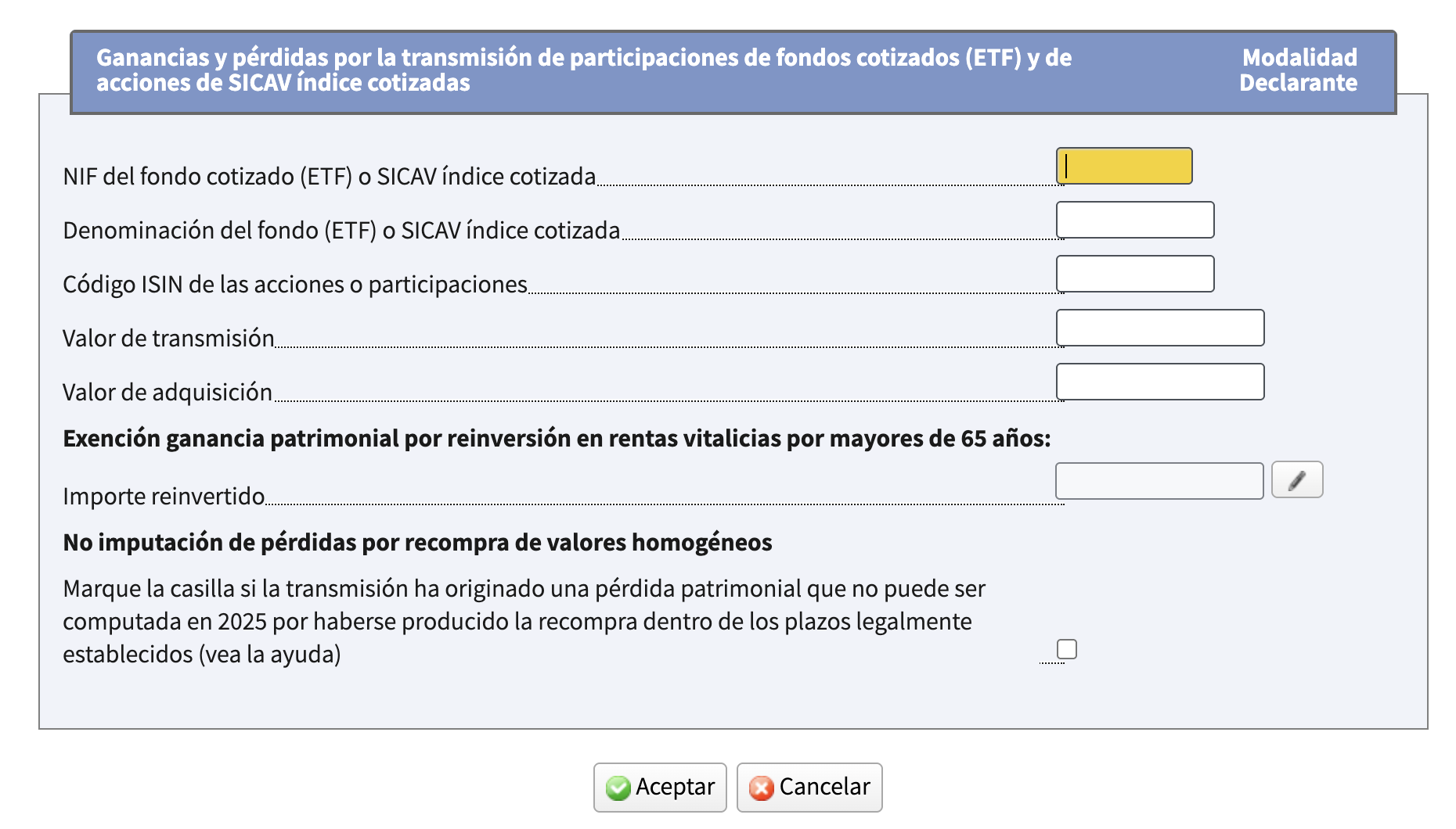 Formulario de ETF en Renta WEB con NIF, denominación, ISIN, valores de transmisión y adquisición y casilla de recompra