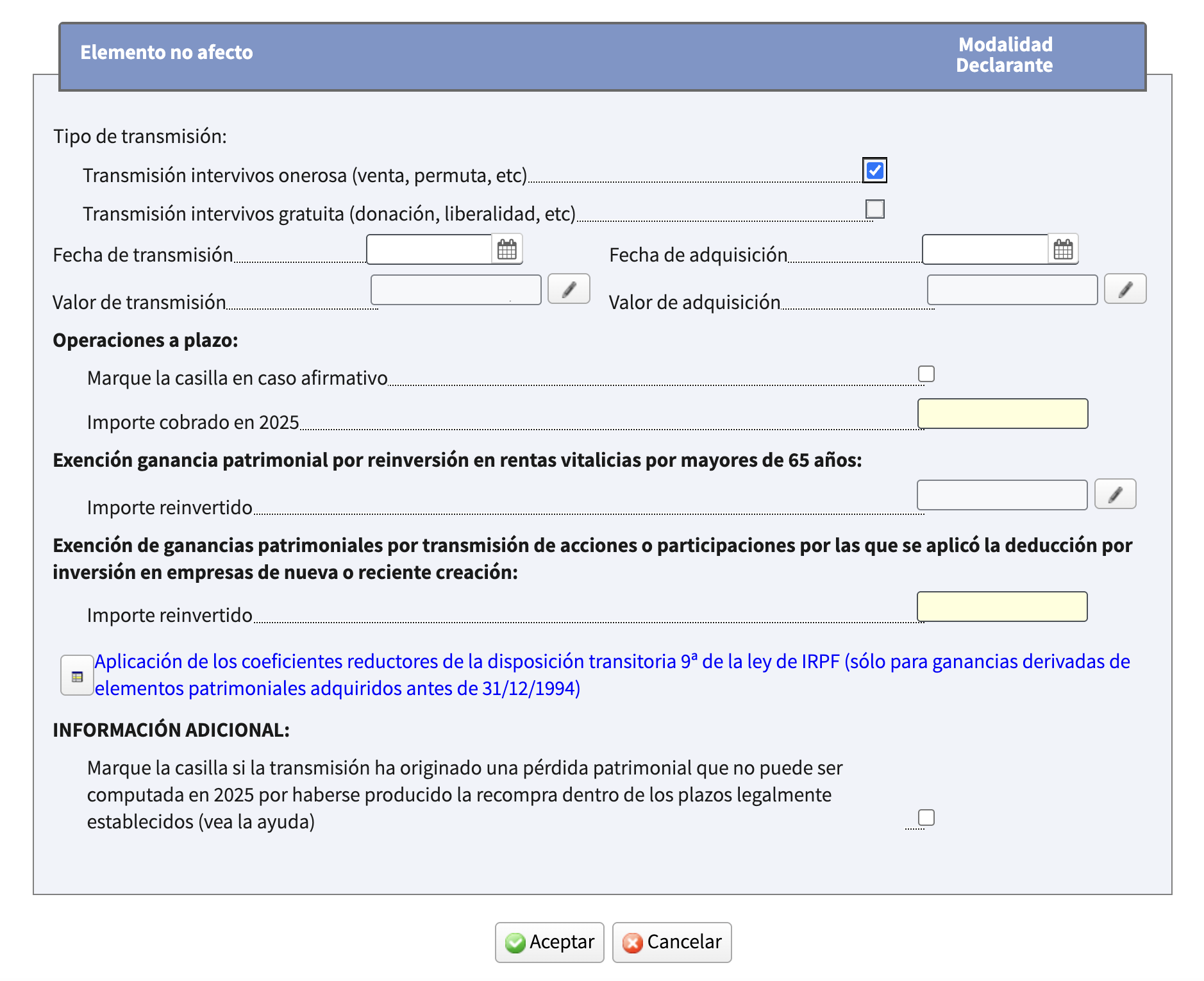 Formulario Elemento no afecto con tipo de transmisión, fechas, valores y secciones de exención y operaciones a plazo