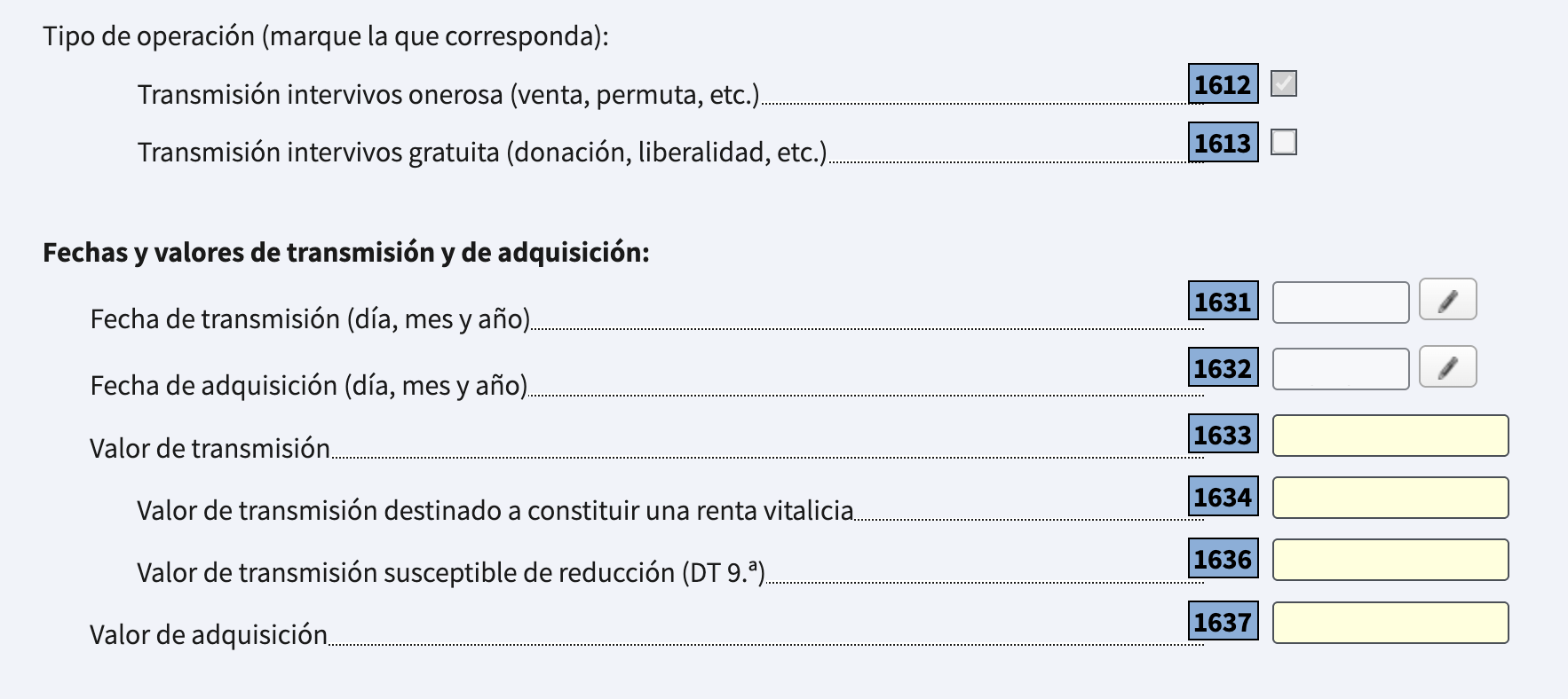 Pantalla del F2 otros elementos patrimoniales con la casilla 1631 y el lápiz para abrir el detalle
