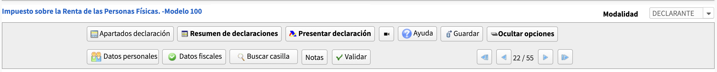 Toolbar superior de Renta WEB con el botón Buscar casilla visible tras pulsar Mostrar más opciones