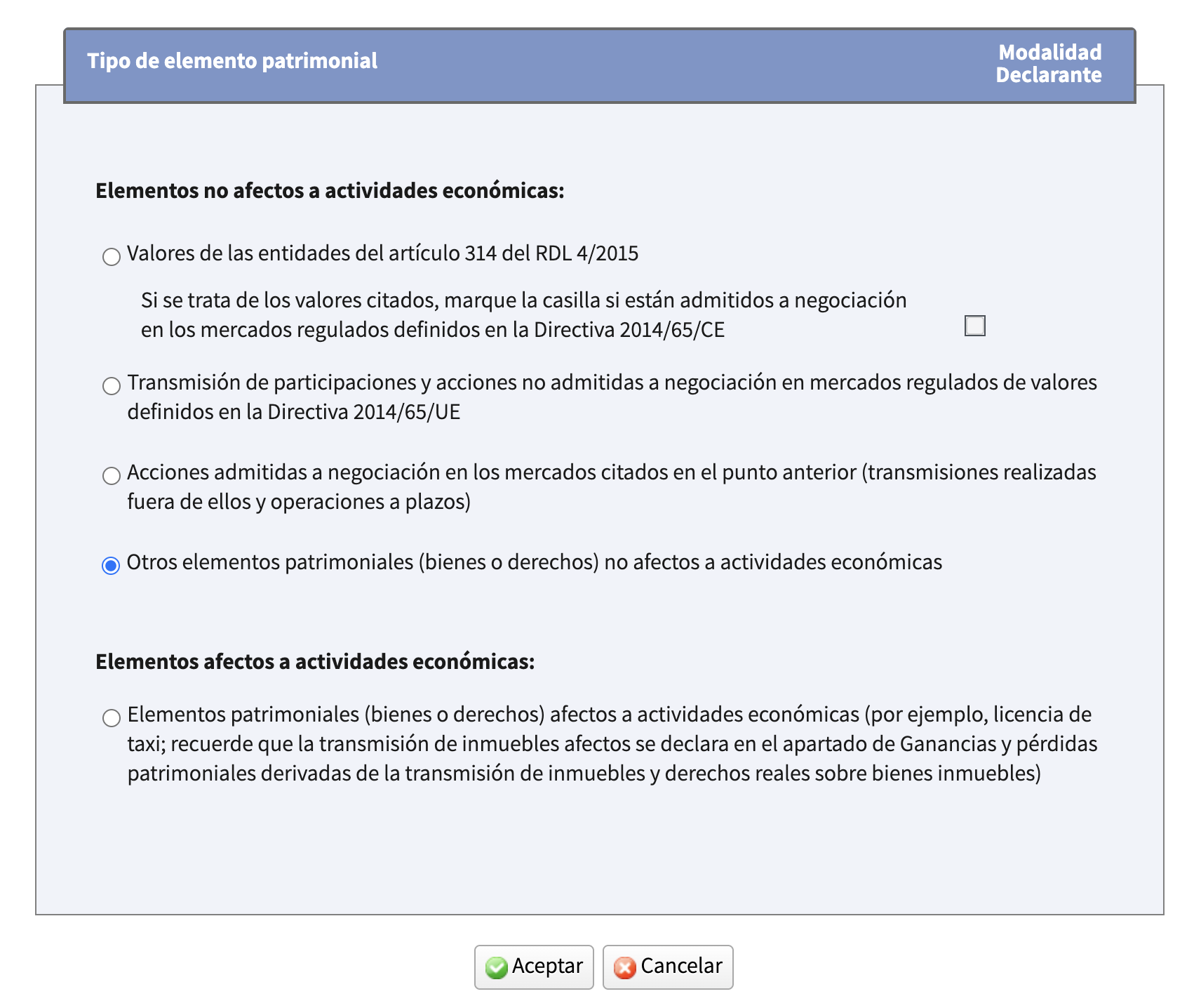 Selector de tipo de elemento patrimonial con la clave 4 marcada para mercados de futuros y opciones